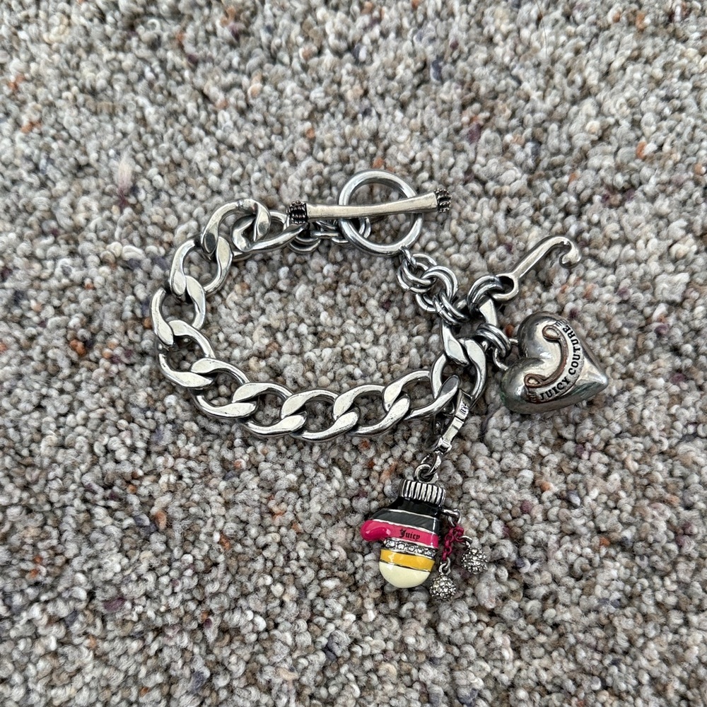 Juicy Couture Vintage Y2K Chunky Silver Bracelet with Heart and Mitten Charm